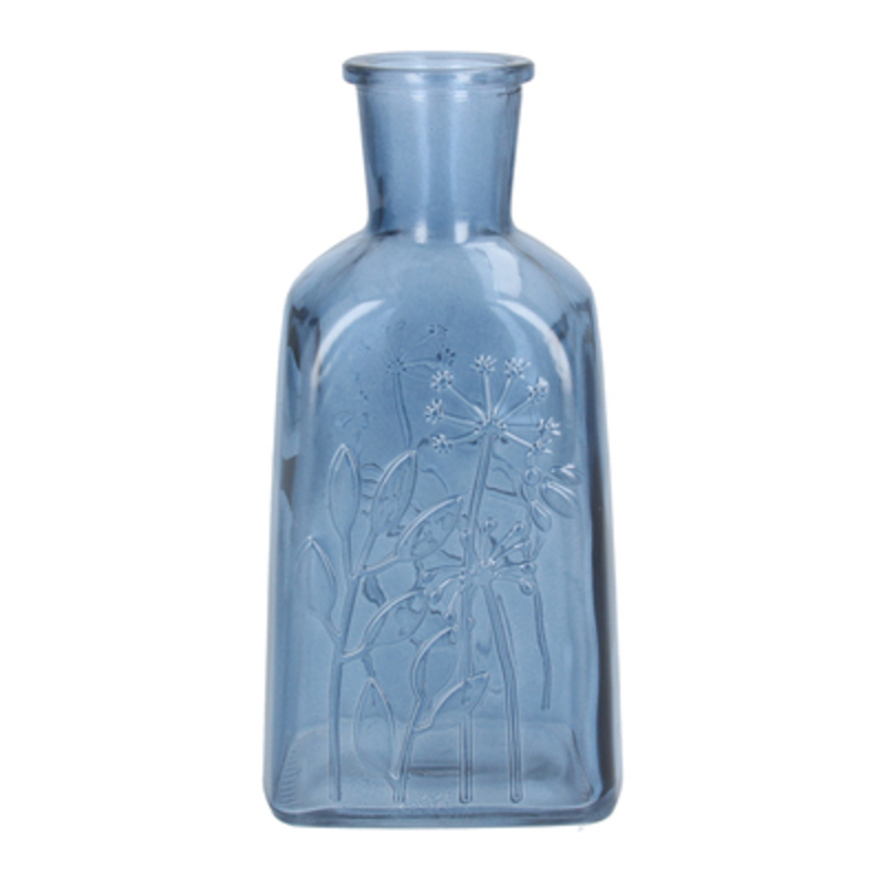 Blue Glass Bottle Vase With Meadow Floral Design. The Perfect Addition To Your Home. By Gisela Graham.